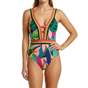 NWT $162 Trina Turk Swim & Spa Tropical Print Plunge One Piece Swimsuit Size 10